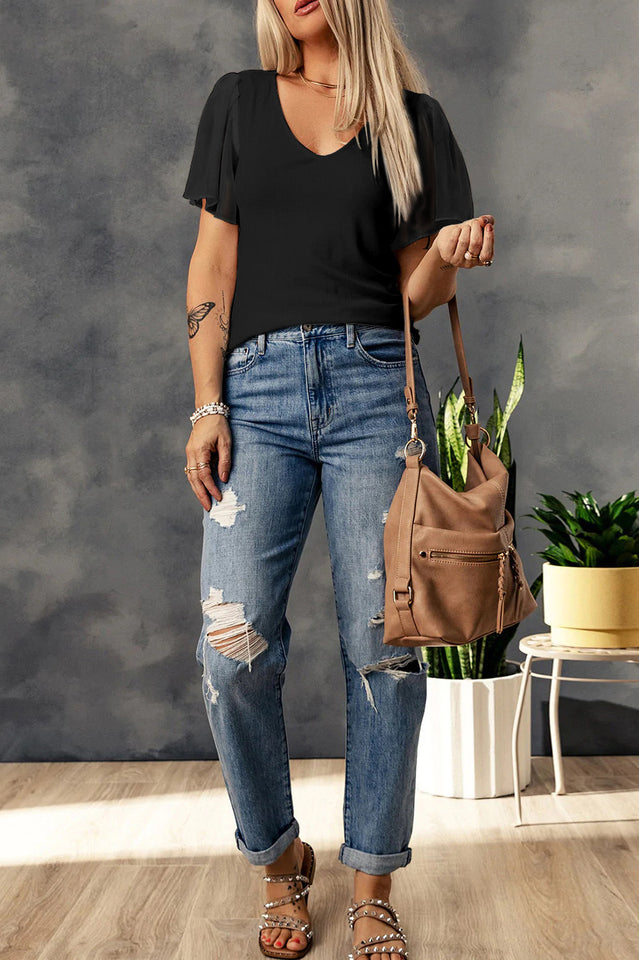 V-Neck Flutter Sleeve Top