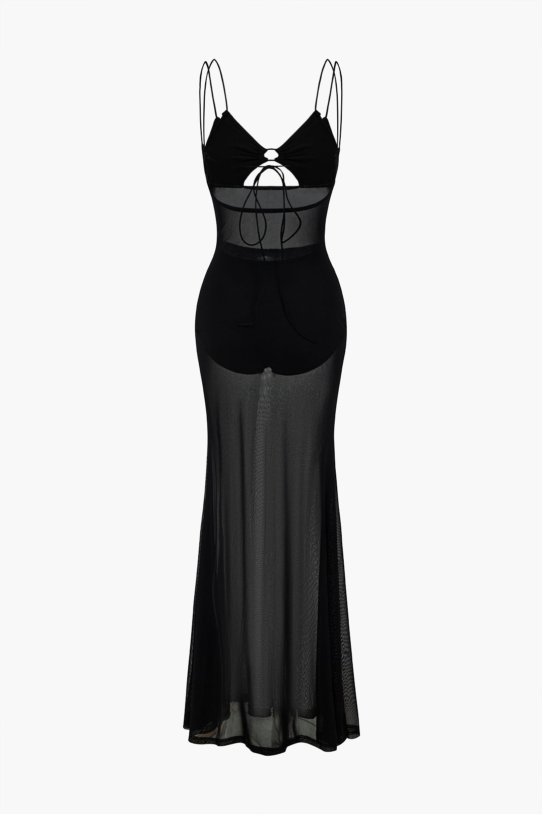 Solid Mesh Backless Tie-Up Maxi Dress