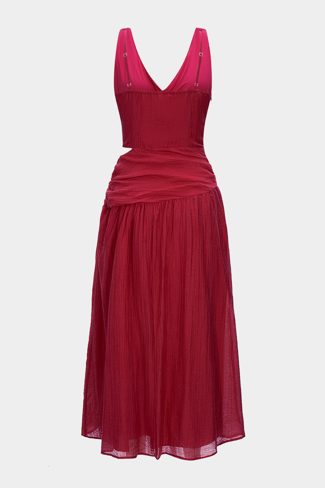 V-Neck Cut Out Asymmetrical Ruched Sleeveless Midi Dress