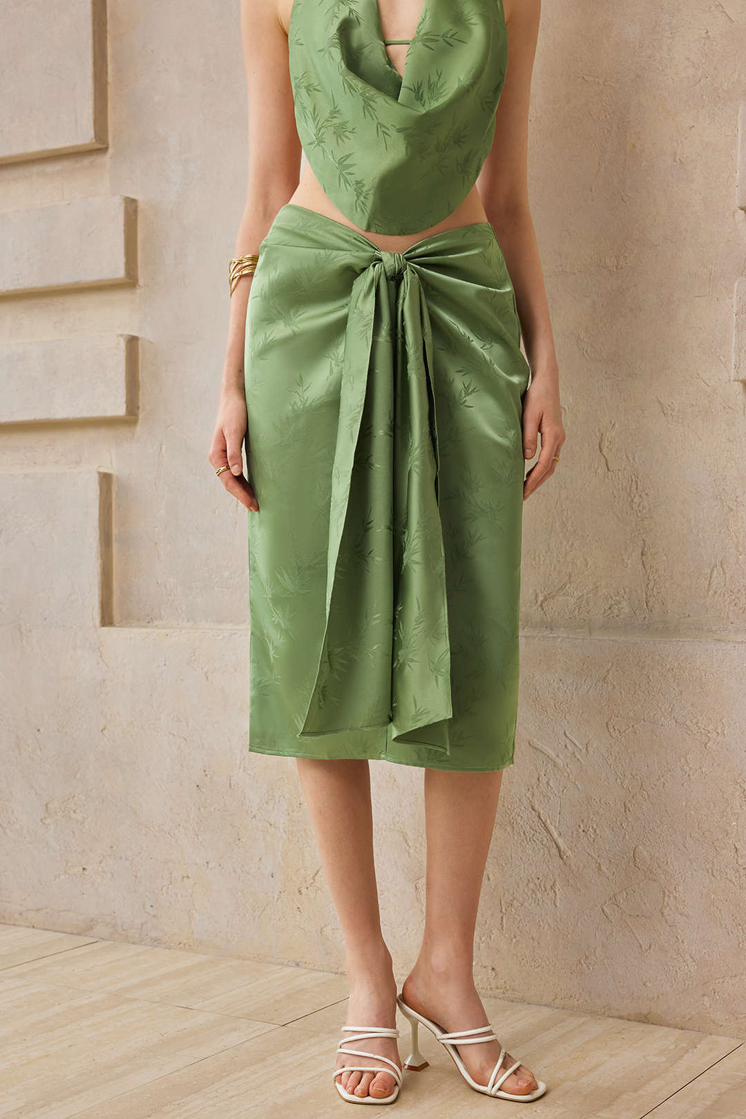Jacquard Ruched Tie Front Slit Skirt