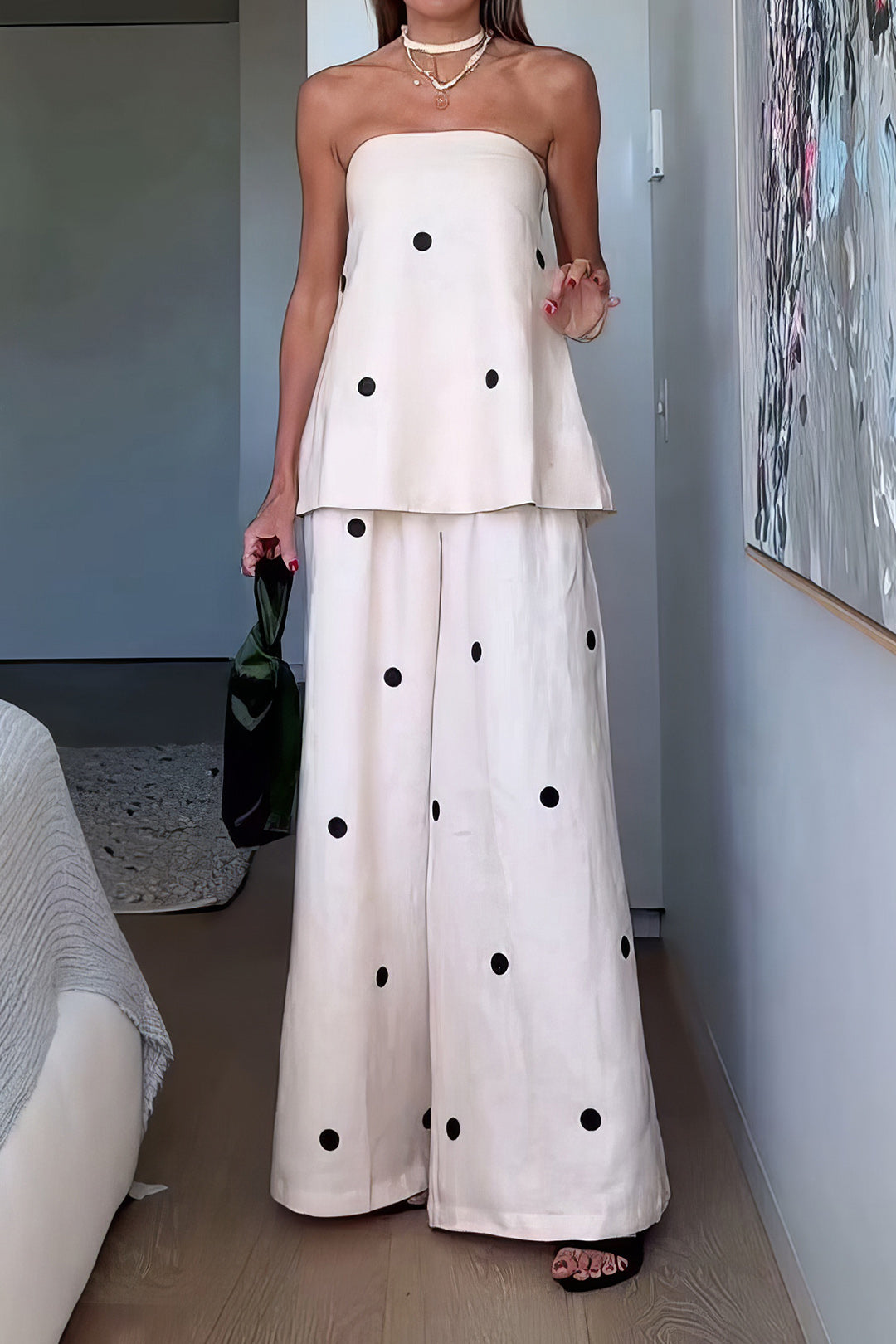 Polka Dots Print Shirt And Wide Leg Pants Set