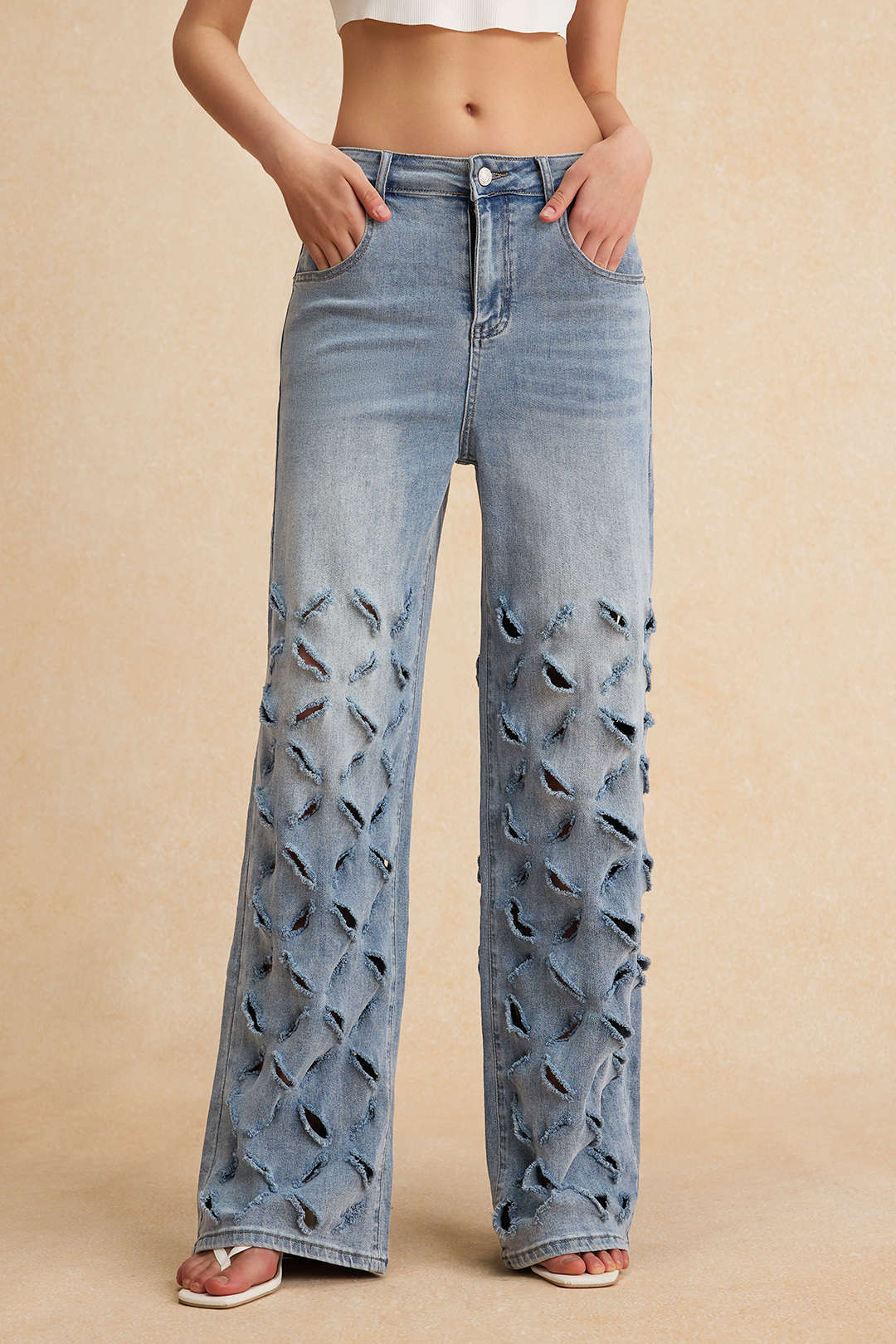 Ripped Cut Out Button Pocket Wide Leg Jeans