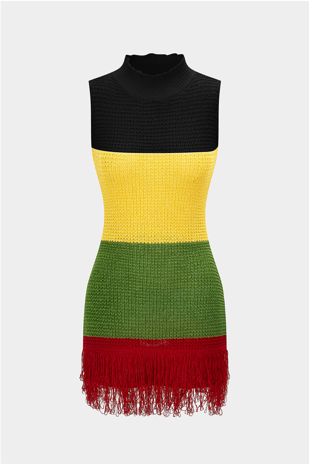 Knit Contrast Mock Neck Fringe Hollow Out Sleeveless Dress
