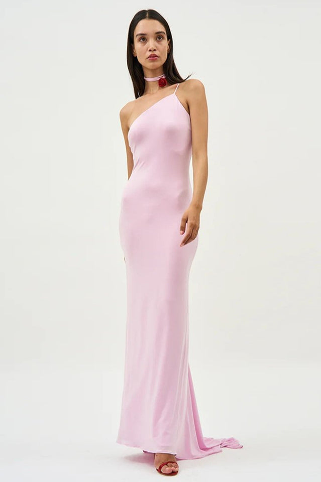 Floral-Appliqué One Shoulder Gown