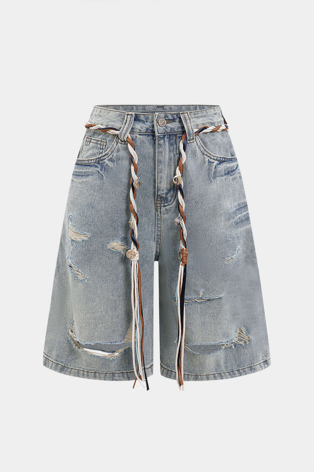 Denim Ripped Pocket Shorts With Belt