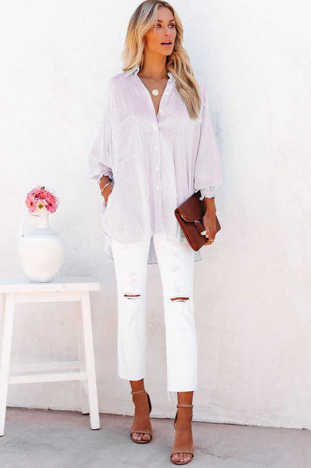 Smocked Cuffed Striped Boyfriend Shirt