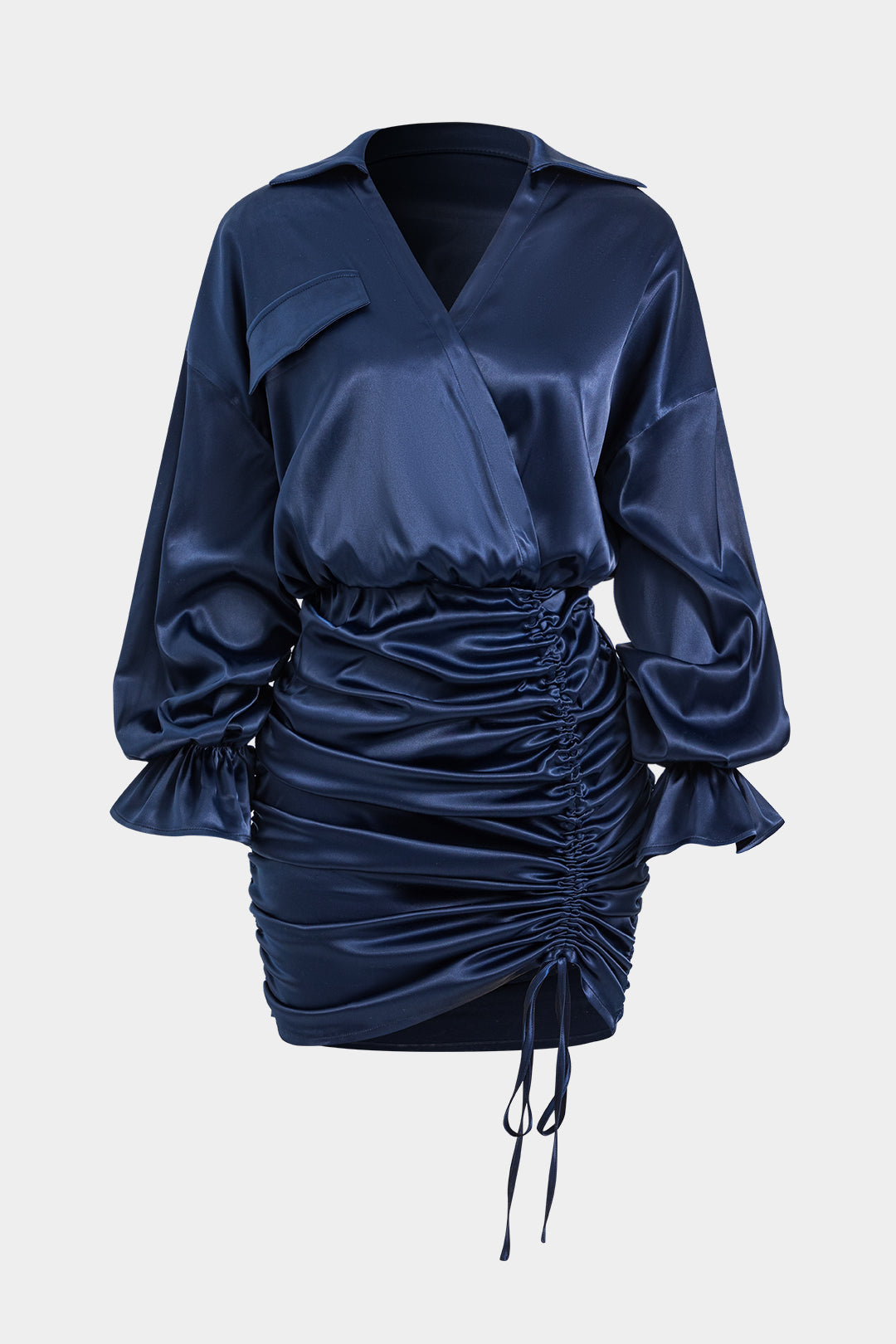 Satin Ruched Drawstring Pocket Long Sleeve Mini Dress