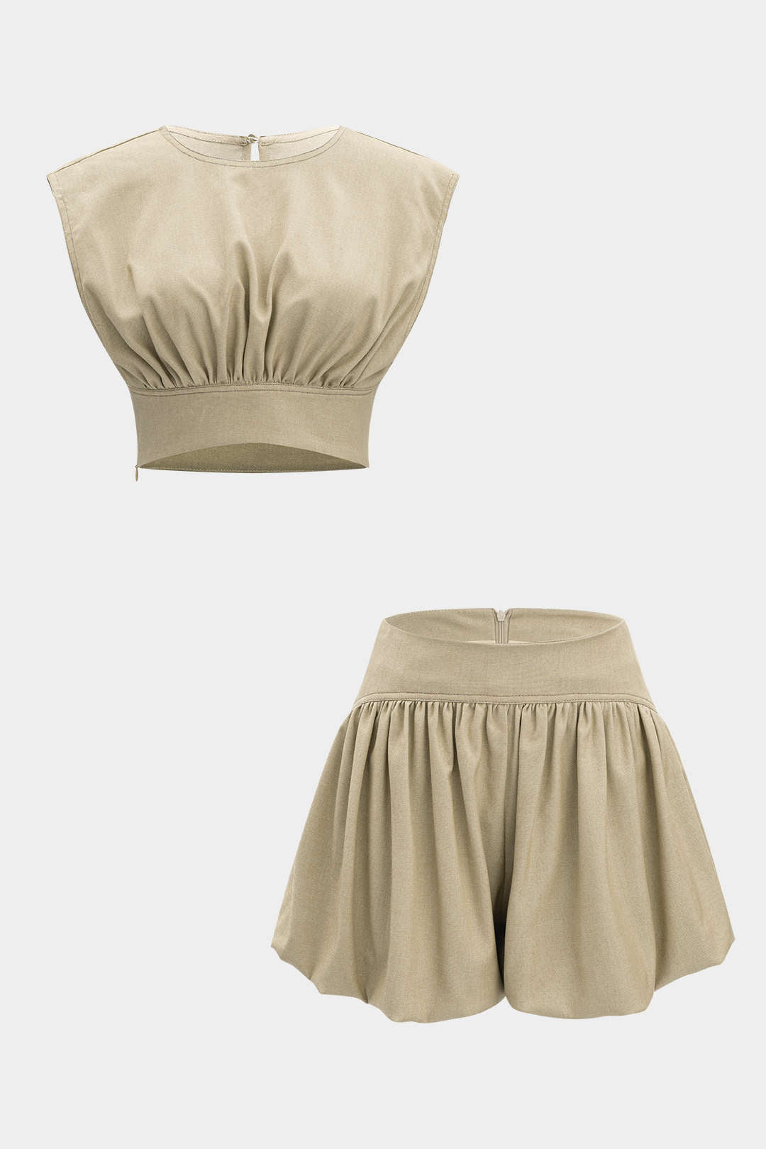 Denim Ruched Tank Top And Zipper Detail Shorts Set