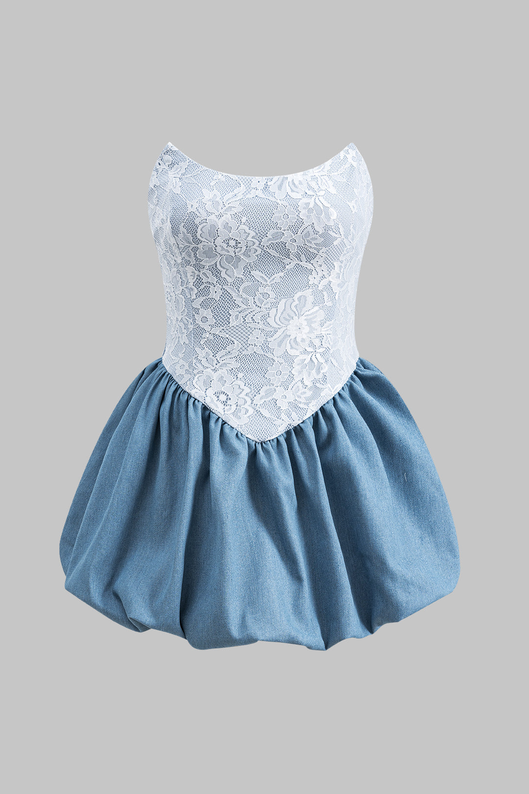 Denim Patchwork Puffed Strapless Sleeveless Mini Dress