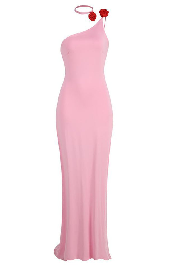 Floral-Appliqué One Shoulder Gown