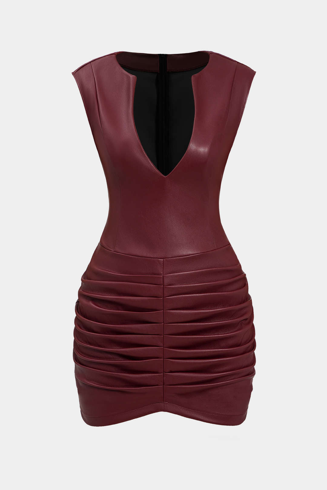 Ruched Faux Leather V-Neck Bodycon Mini Dress