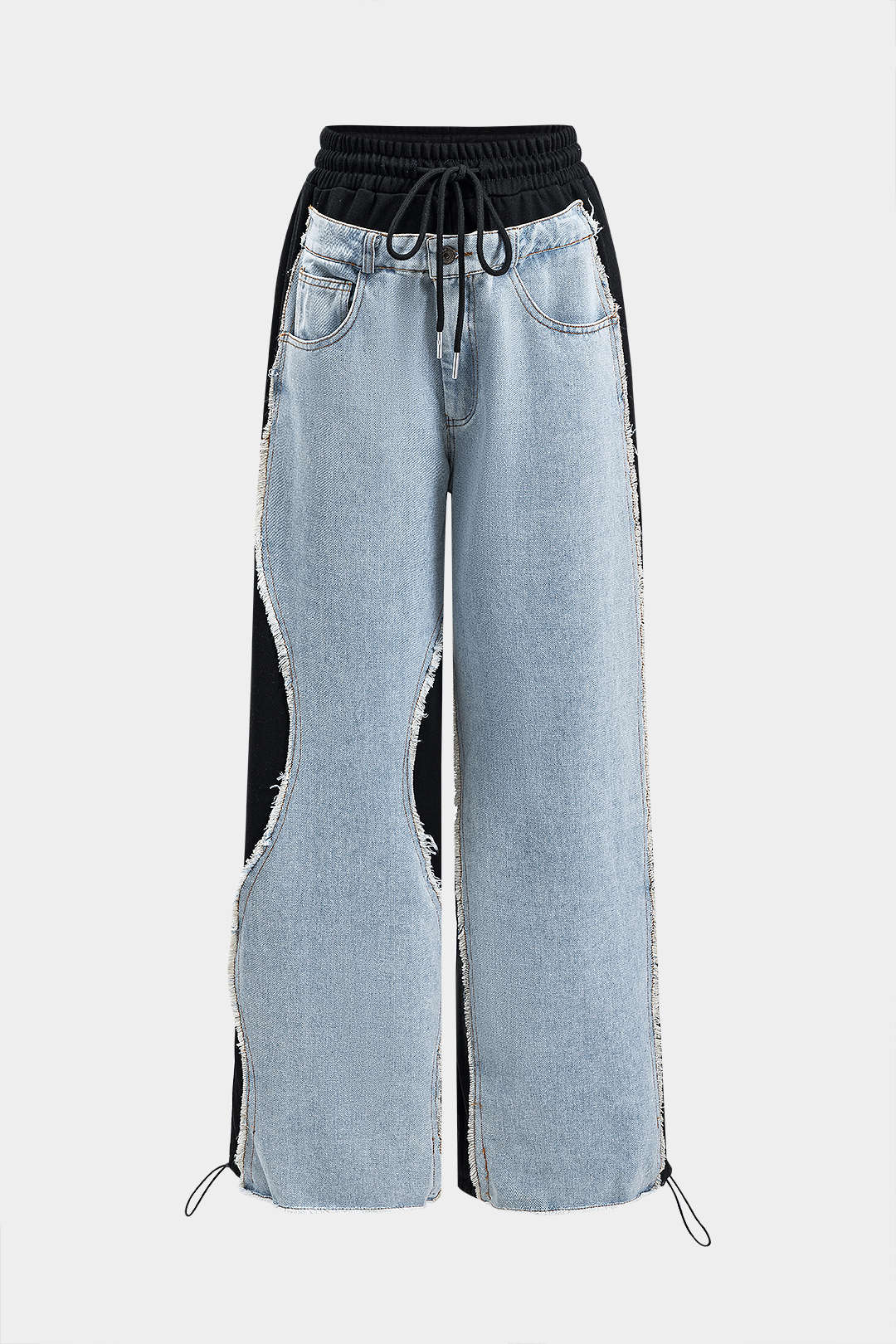 Leopard Print Denim Patchwork Tie Front Pocket Wide Leg Jeans