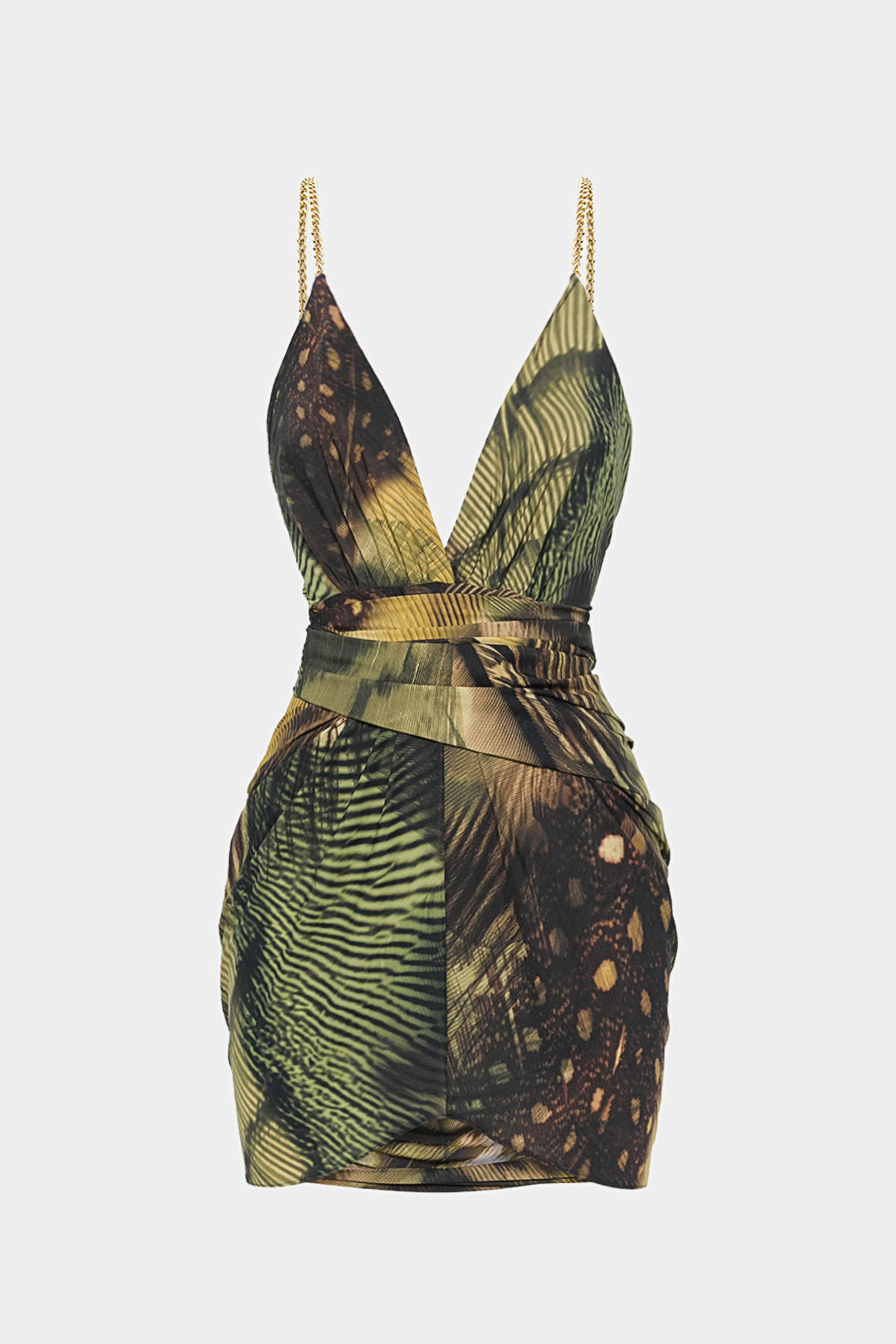 Tropical Print Metallic Chain Asymmetrical Sleeveless Mini Dress
