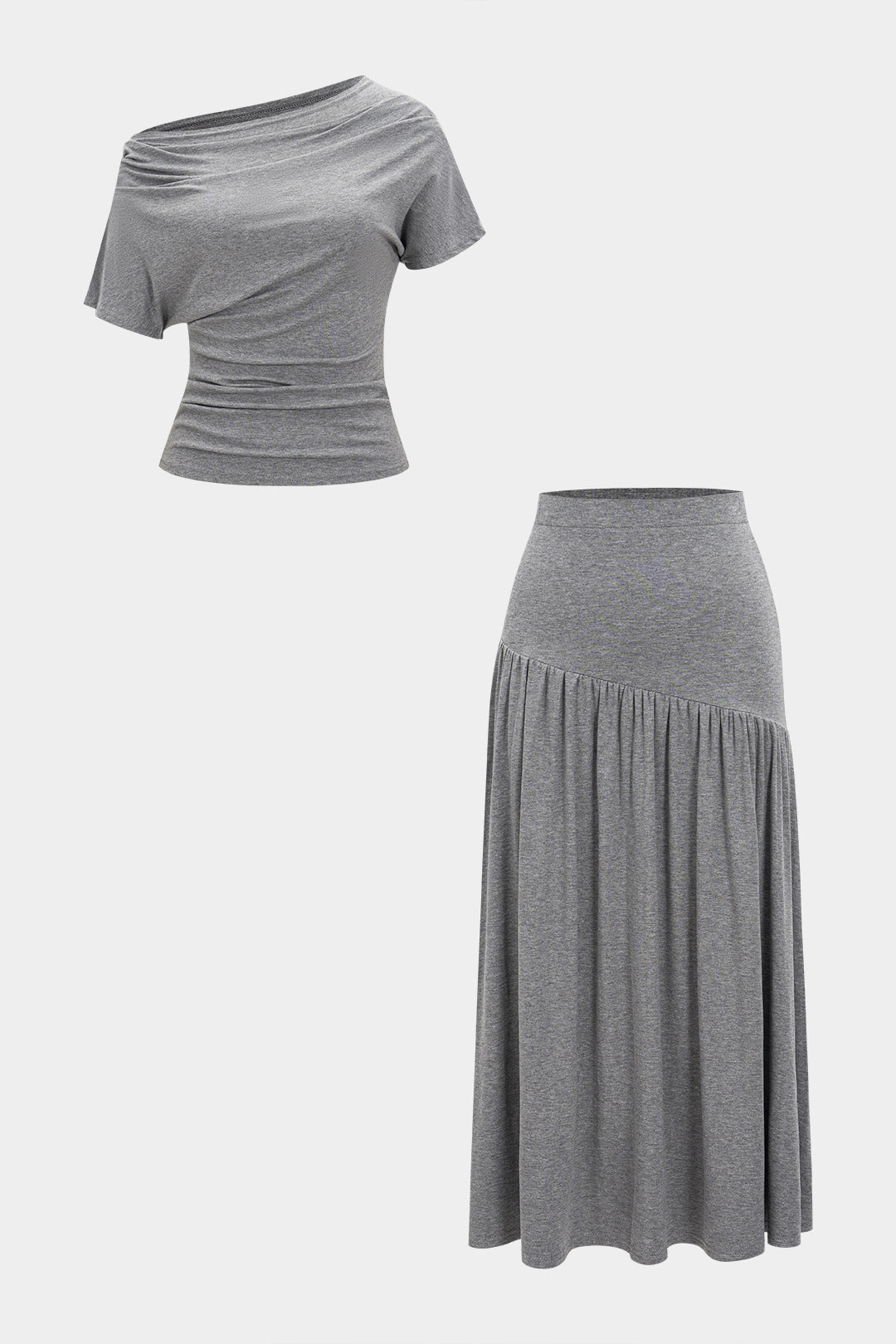 Solid Ruched T-Shirt And High Waist Skirt Set