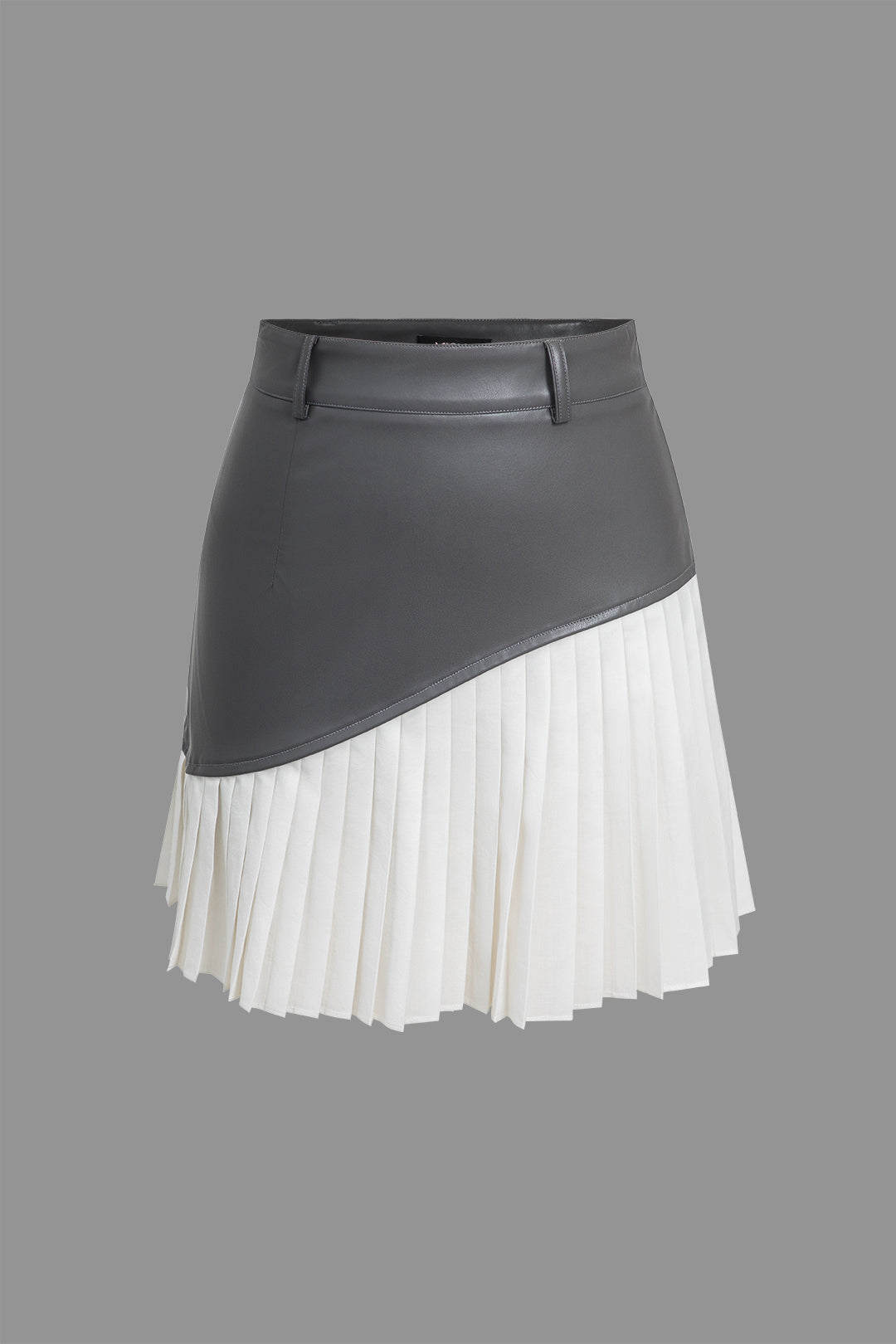 Color Block Faux Leather Pleated Asymmetrical Skirt