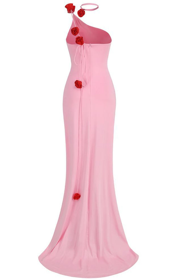 Floral-Appliqué One Shoulder Gown