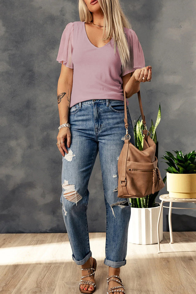 V-Neck Flutter Sleeve Top