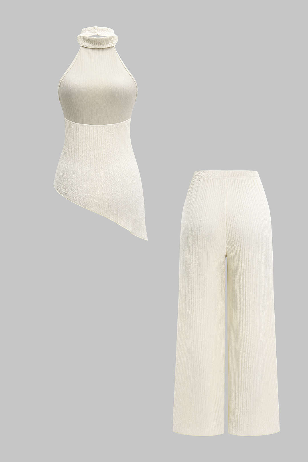 Halter Neck Backless Asymmetrical Tank Top And Wide Leg Trousers Set