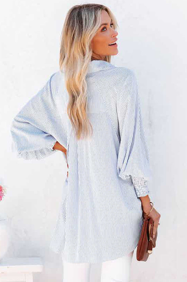 Smocked Cuffed Striped Boyfriend Shirt
