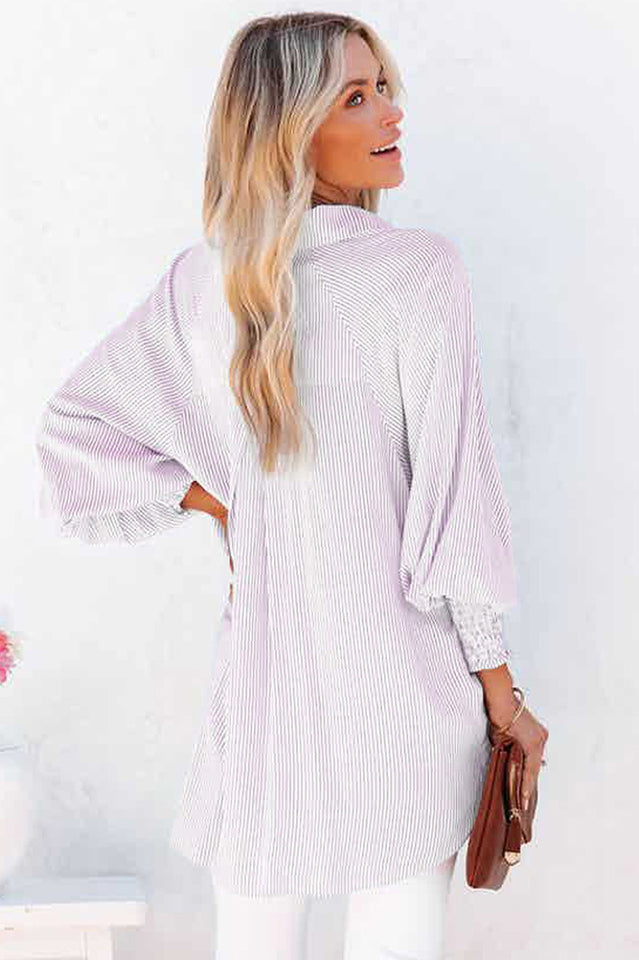 Smocked Cuffed Striped Boyfriend Shirt