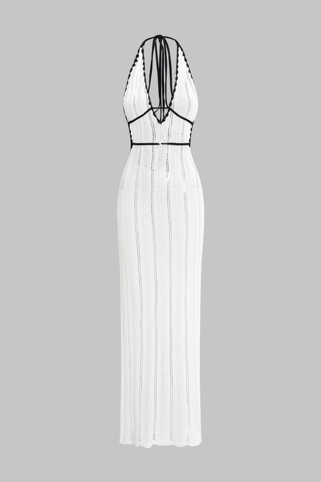 Knit Contrast Halter Neck V-Neck Backless Tie-Up Sleeveless Dress