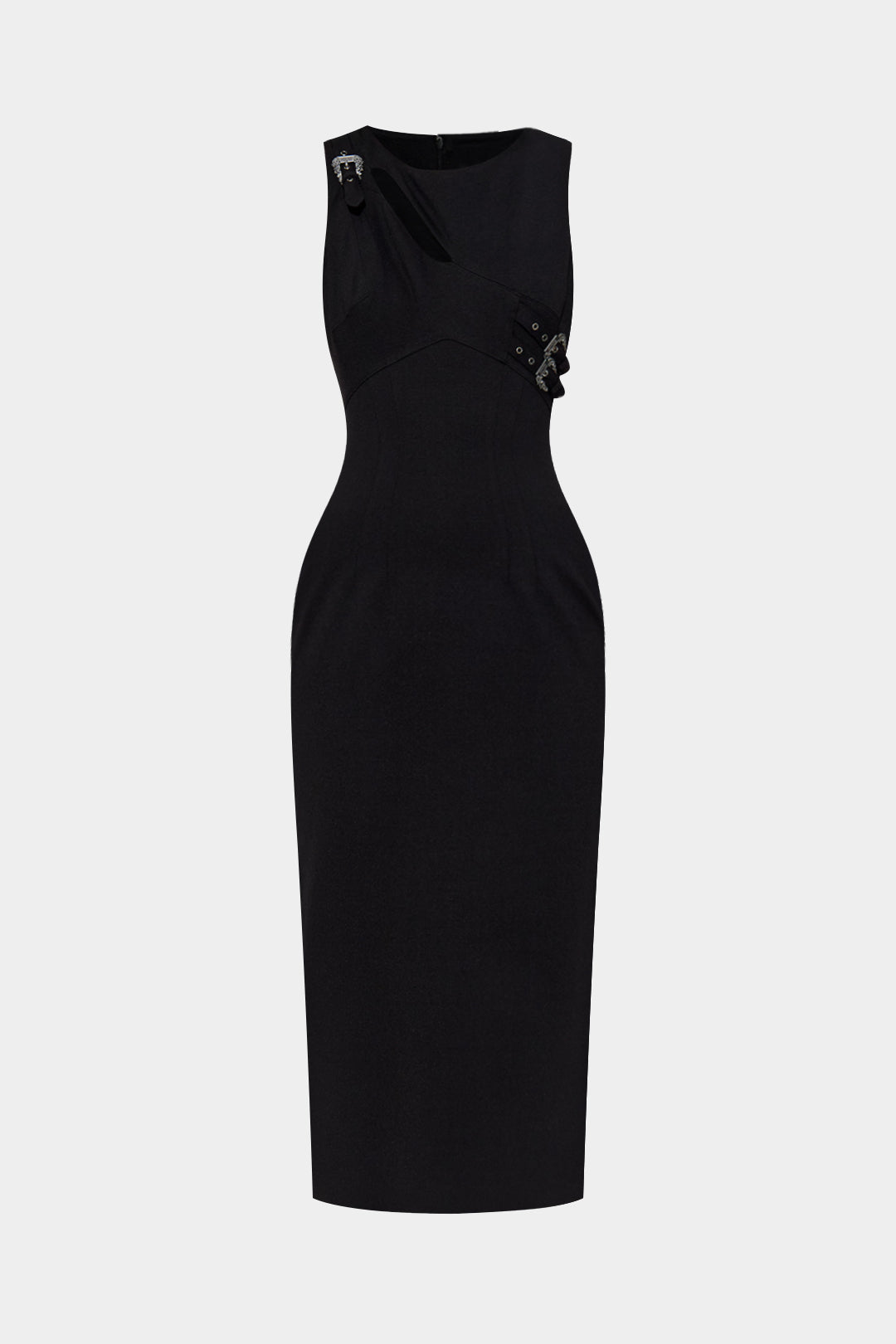 Asymmetrical Metallic Buckle Zipper Sleeveless Maxi Dress