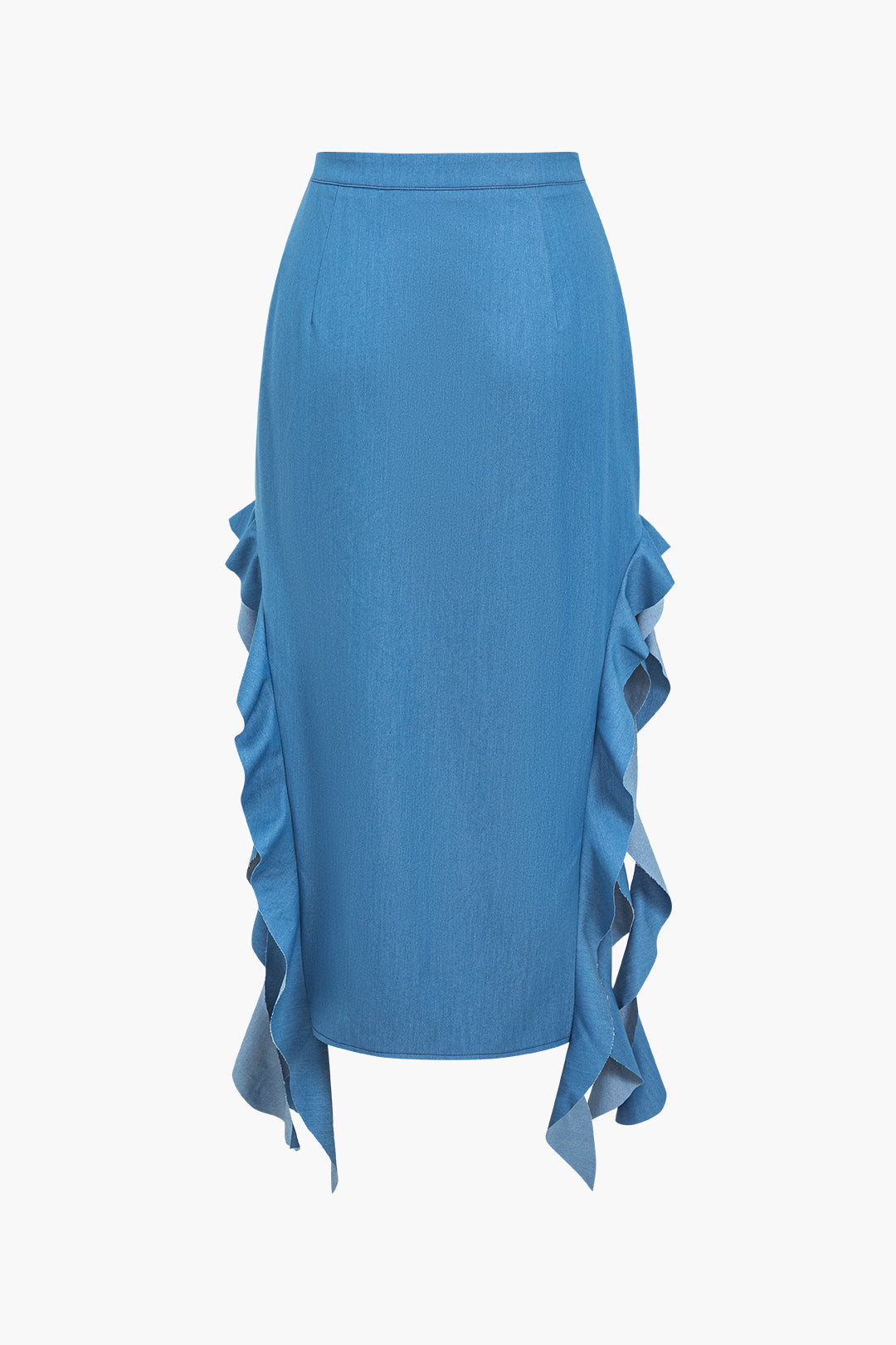 Solid Slit Zipper Ruffle Denim Skirt