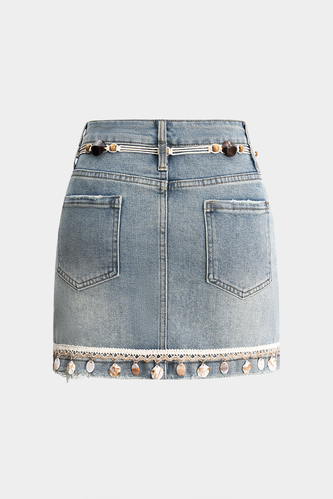 Denim Fringe Frayed Belted Skirt