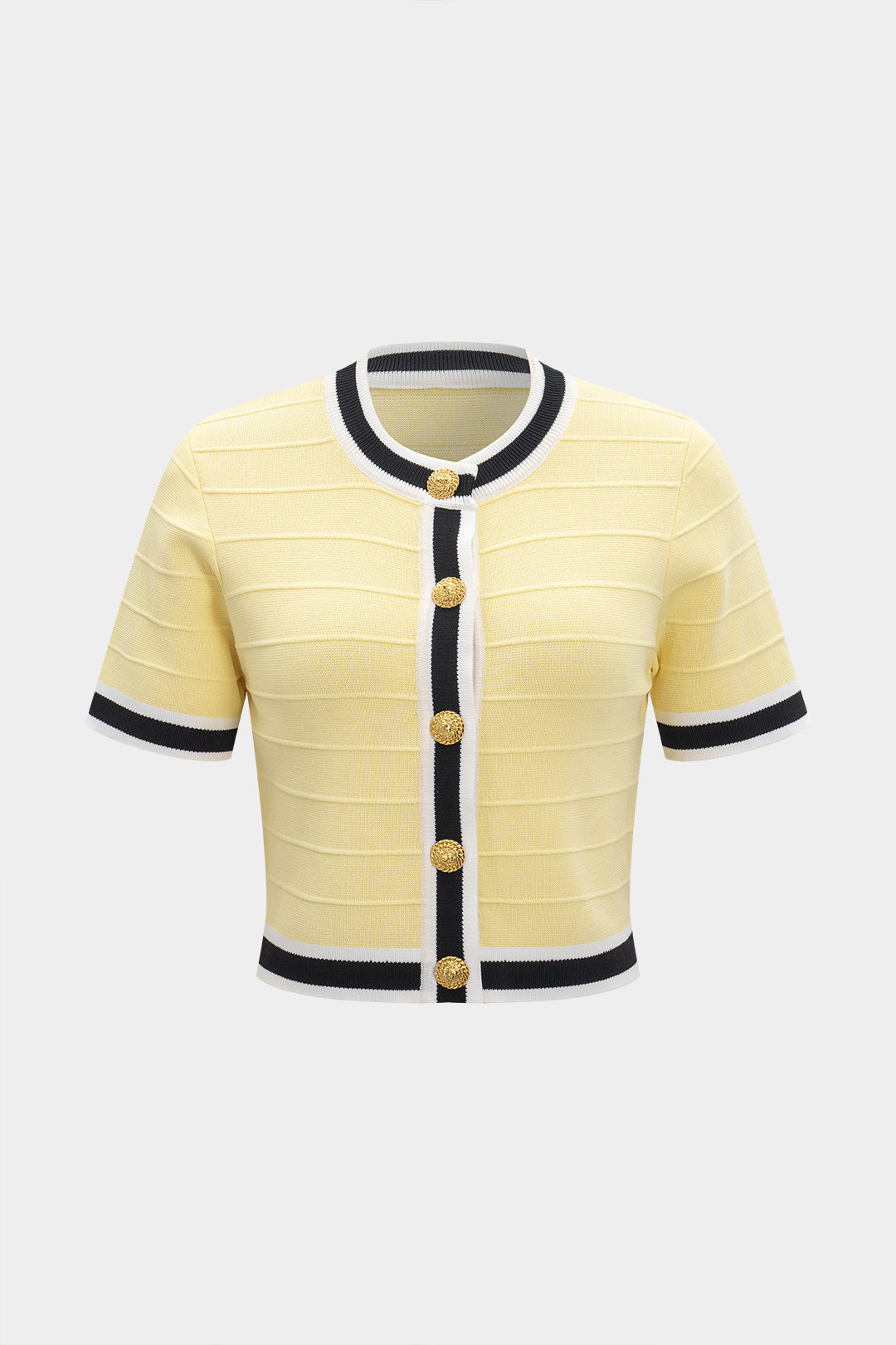 Knit Stripes Print Contrast Button Short-Sleeve Top