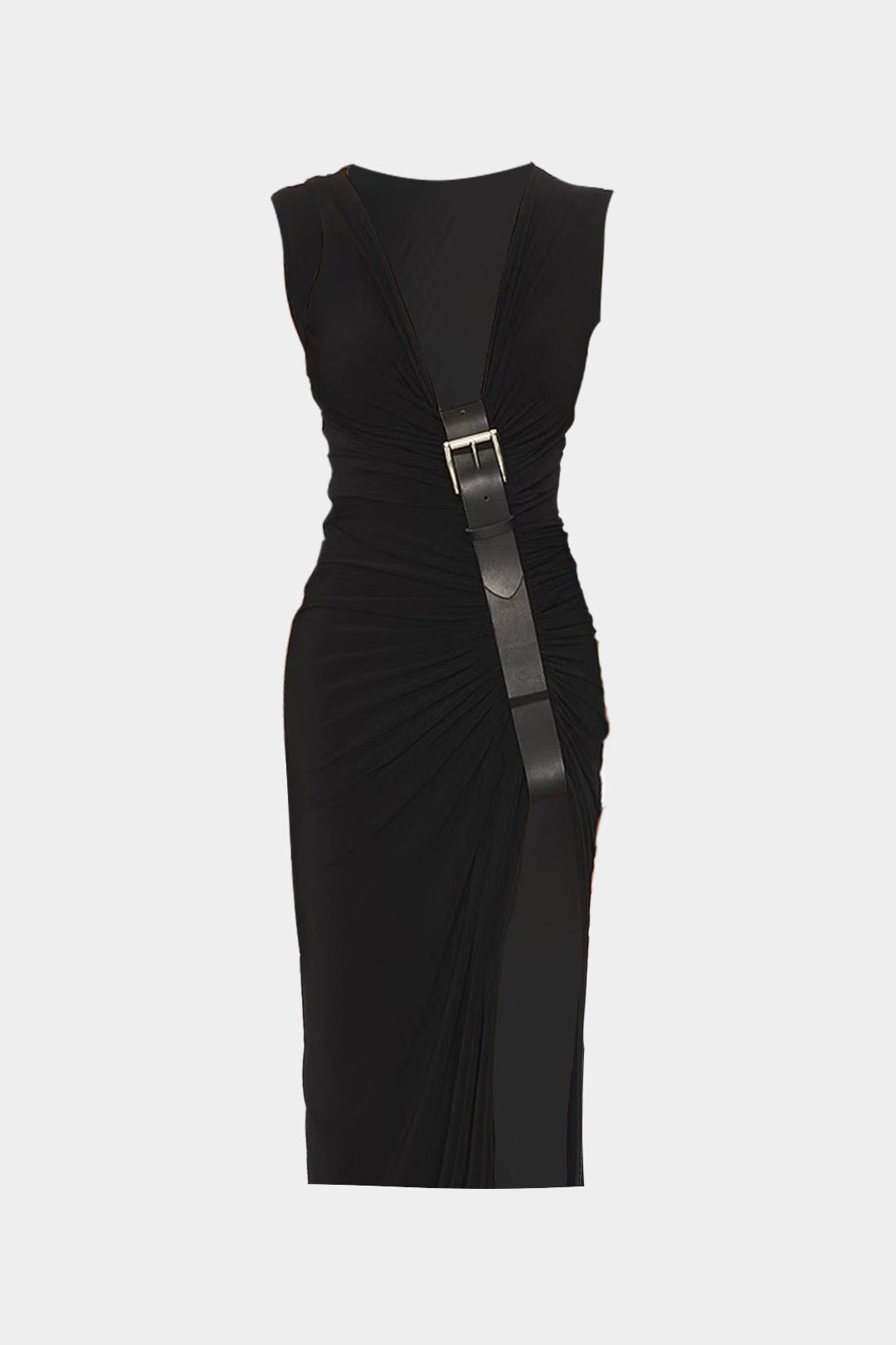 Ruched V-Neck Slit Asymmetrical Sleeveless Midi Dress