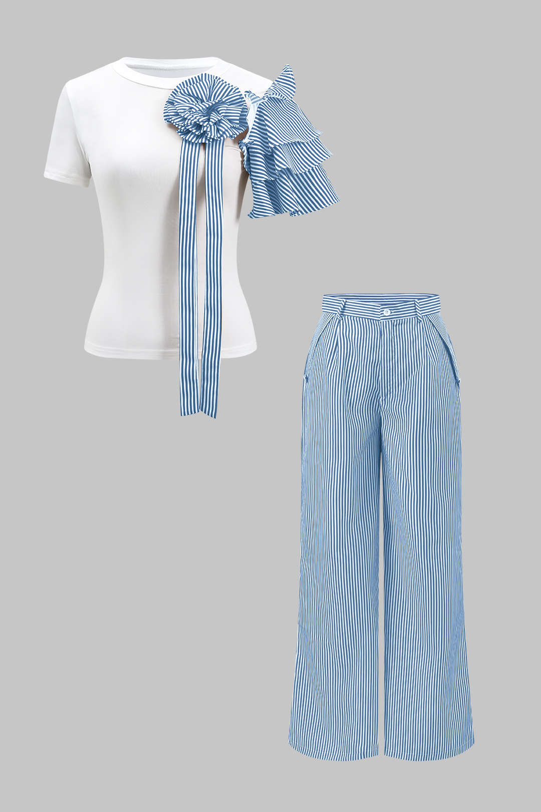 Stripe Print 3D Floral Short Sleeve Top And Button Wide Leg Trousers Set