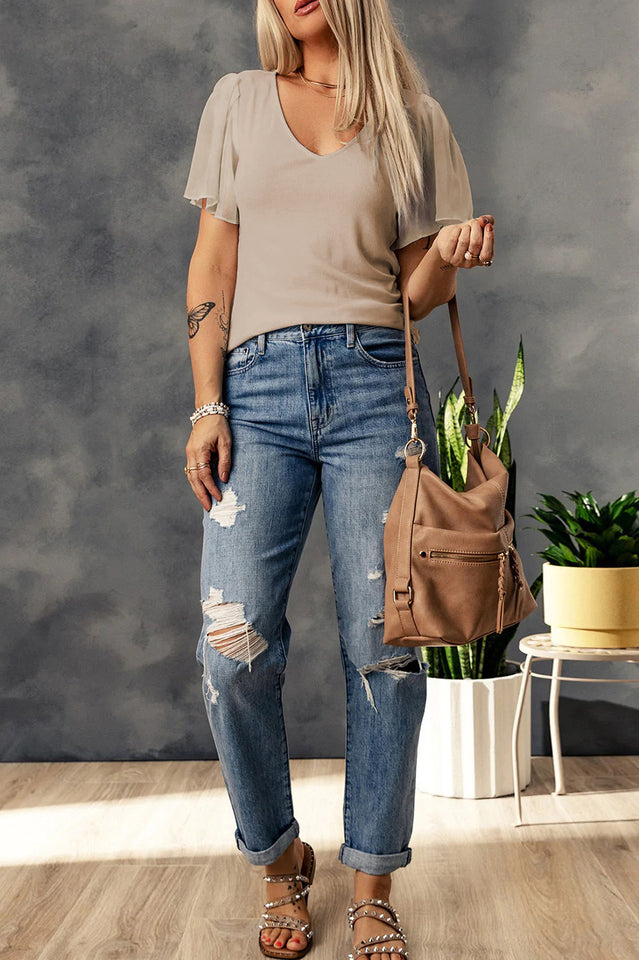 V-Neck Flutter Sleeve Top