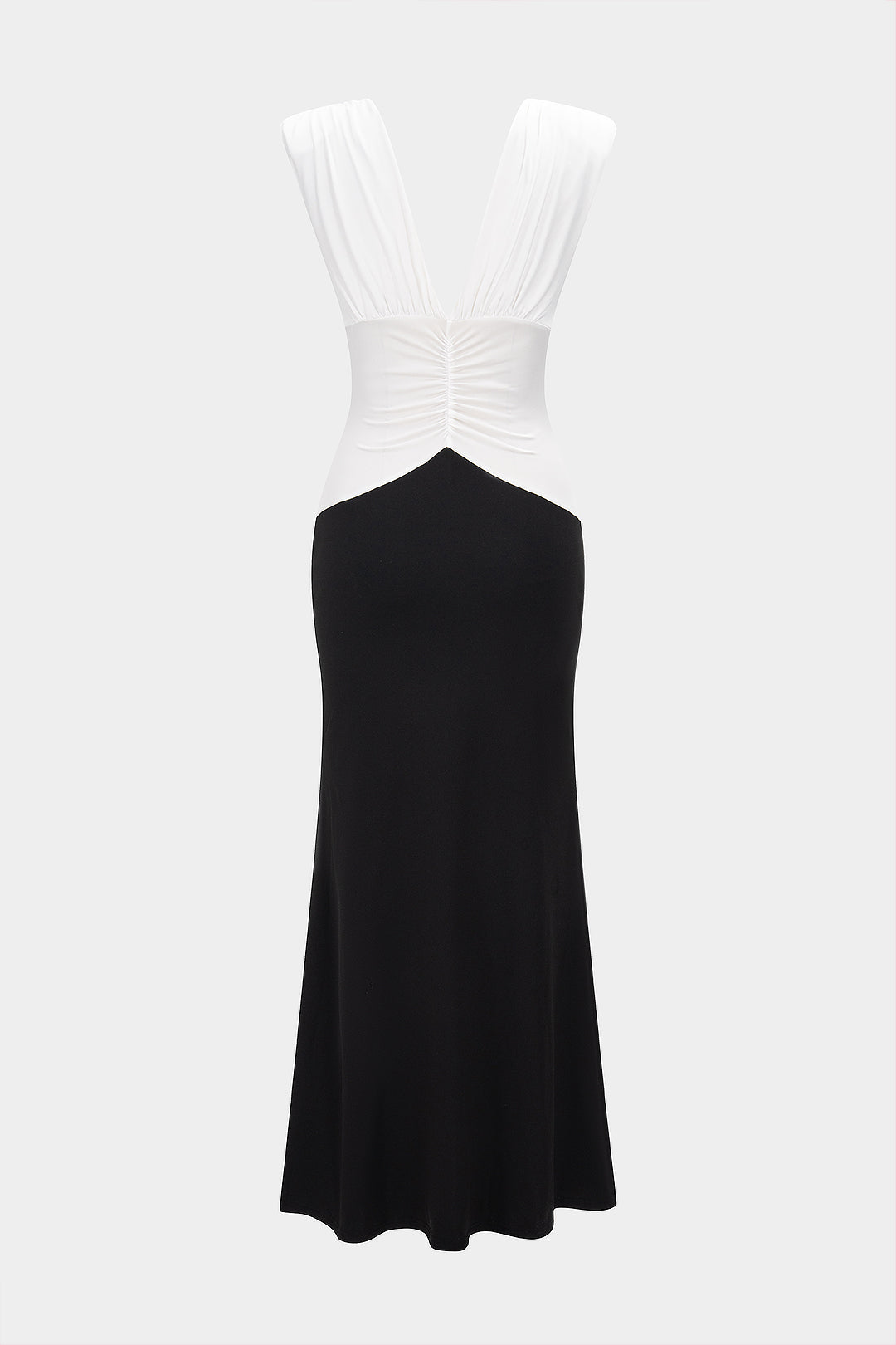 Contrast V-Neck Ruched Slit Sleeveless Midi Dress