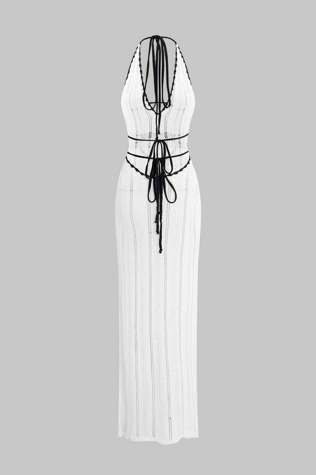 Knit Contrast Halter Neck V-Neck Backless Tie-Up Sleeveless Dress