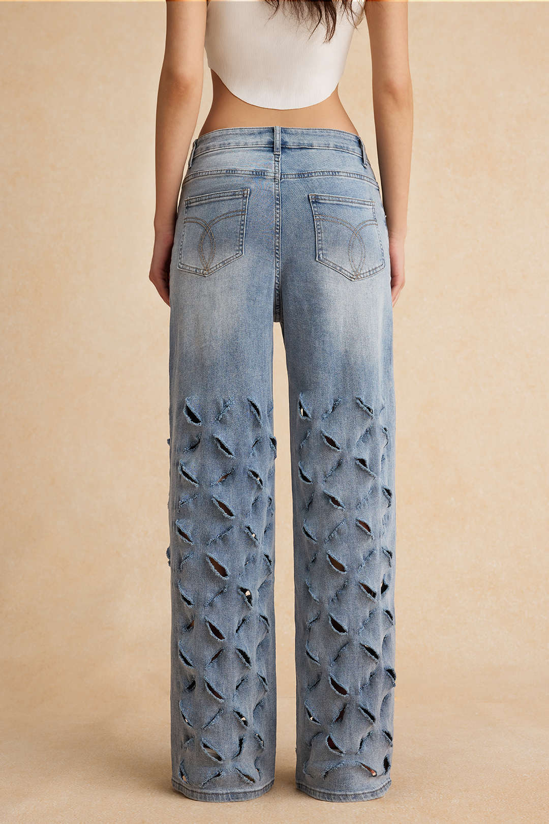 Ripped Cut Out Button Pocket Wide Leg Jeans
