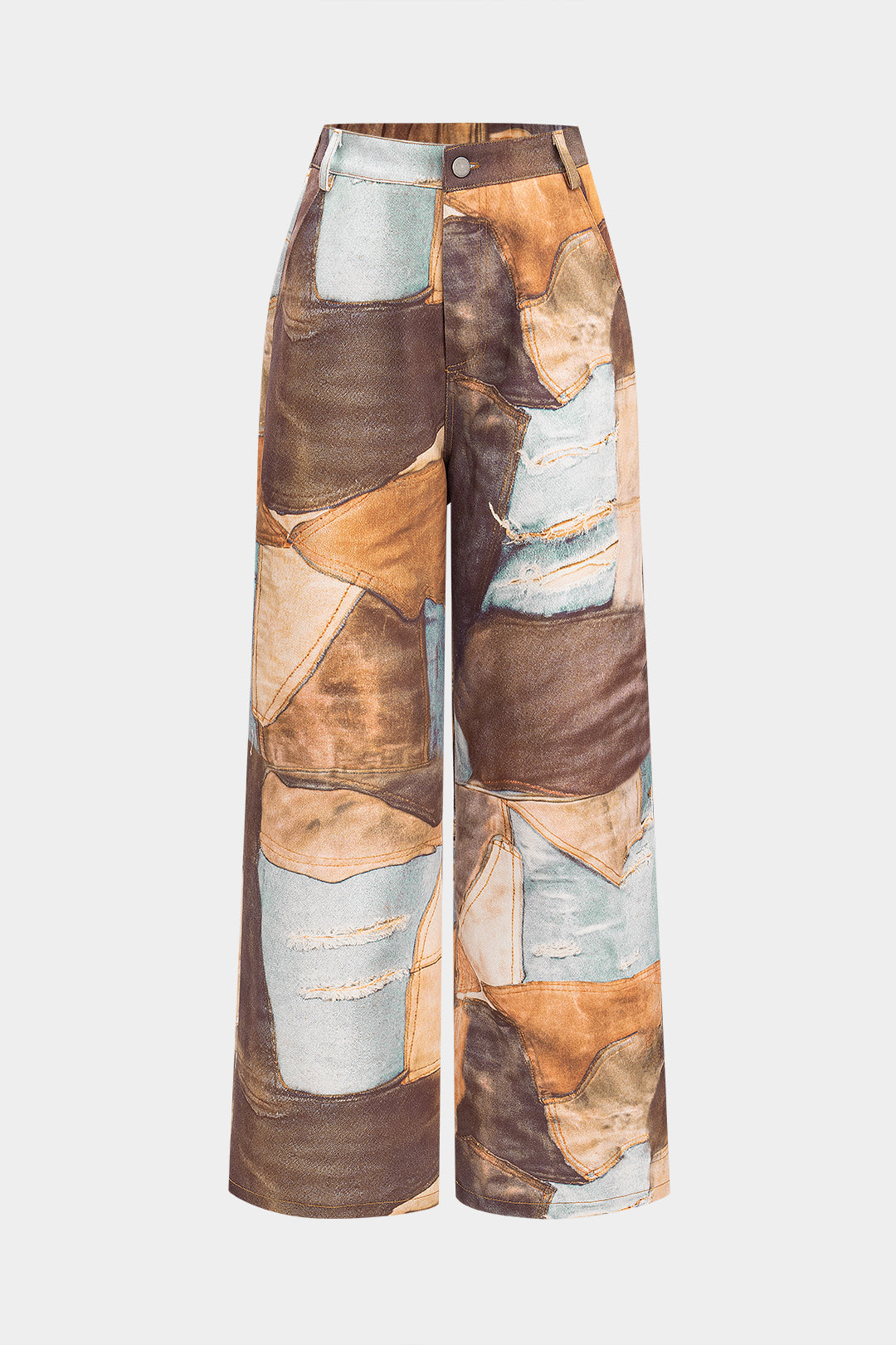 Denim Abstract Print V-Neck Button Tank Top And Wide Leg Trousers Set