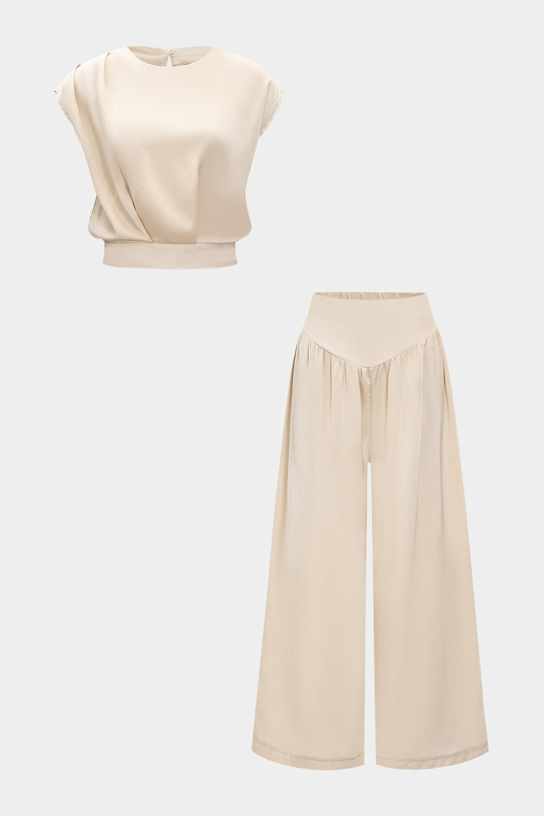 Satin Ruched Tie Back Short Sleeve T-Shirt And Wide Leg Trousers Set