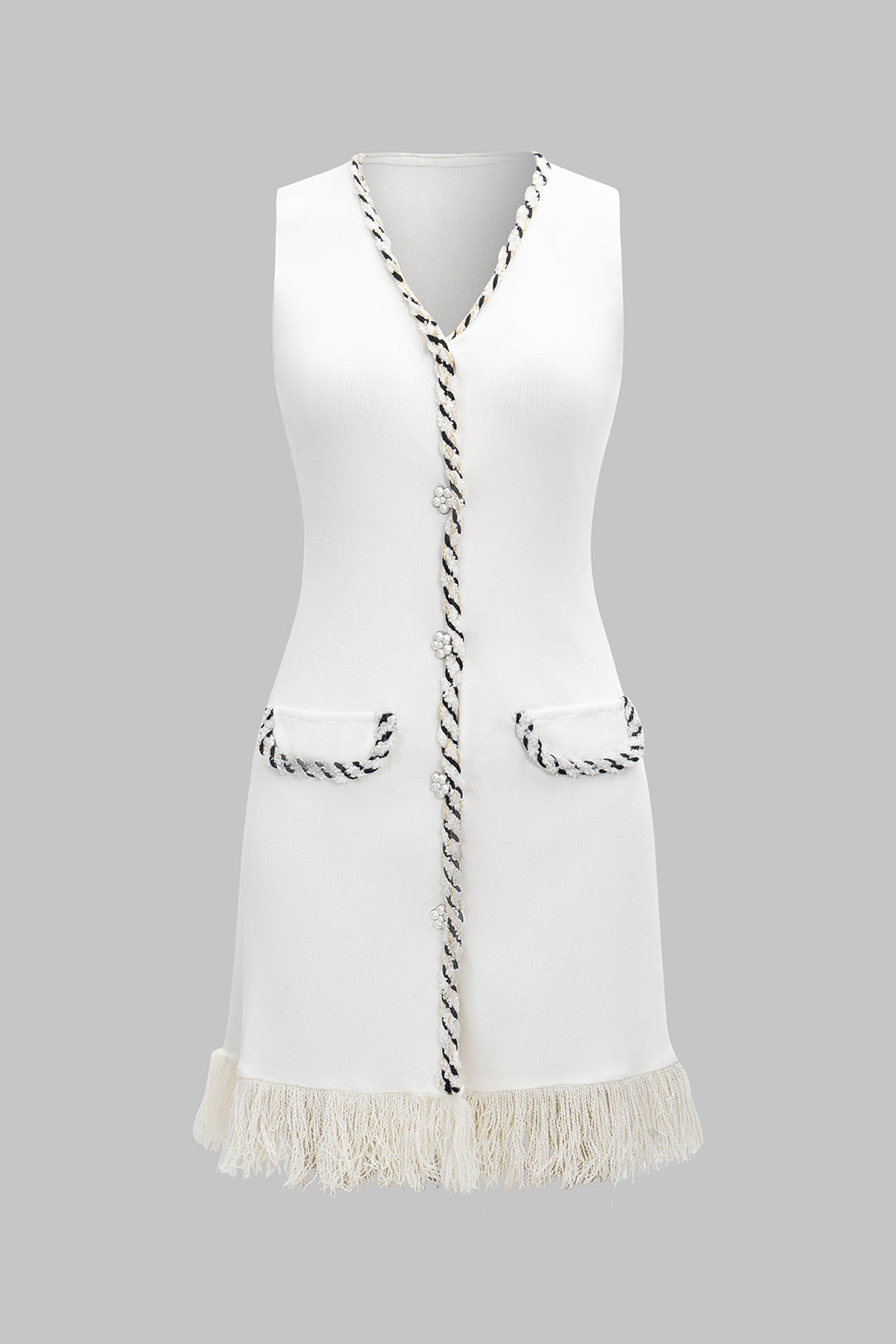 Knitted V-Neck Tank Fringe Sleeveless Dress