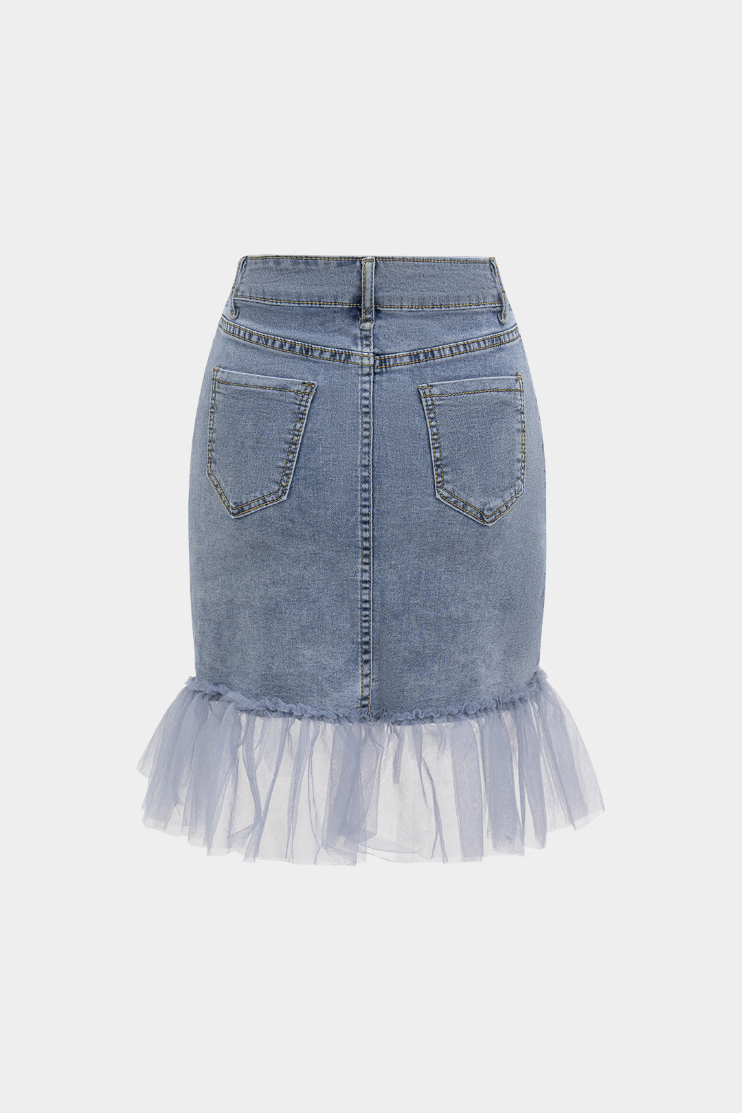 Denim Rhinestone Embroidery Mesh Patchwork Skirt