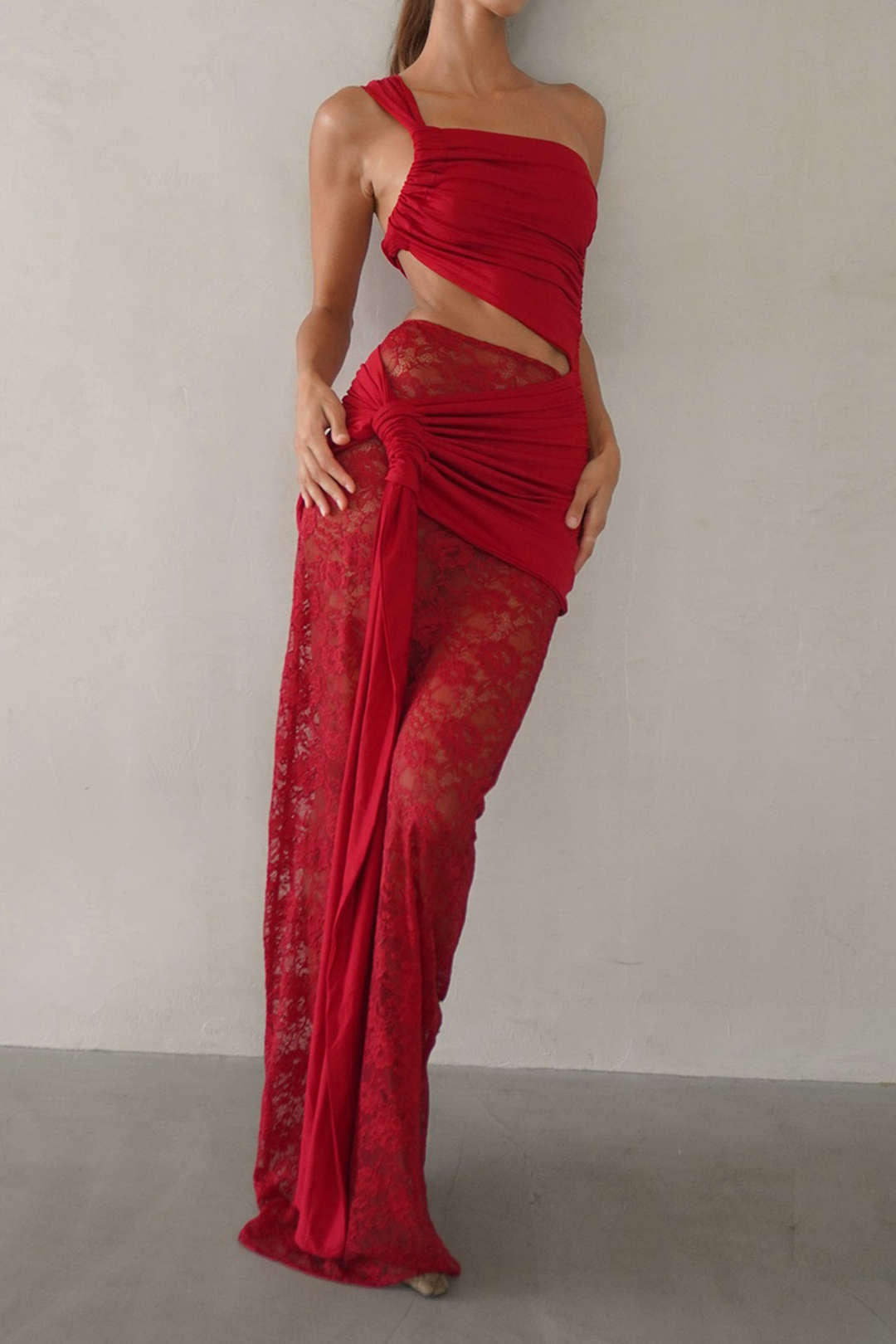 Lace Tie Front Hollow Out Patchwork Ruched Skirt Set