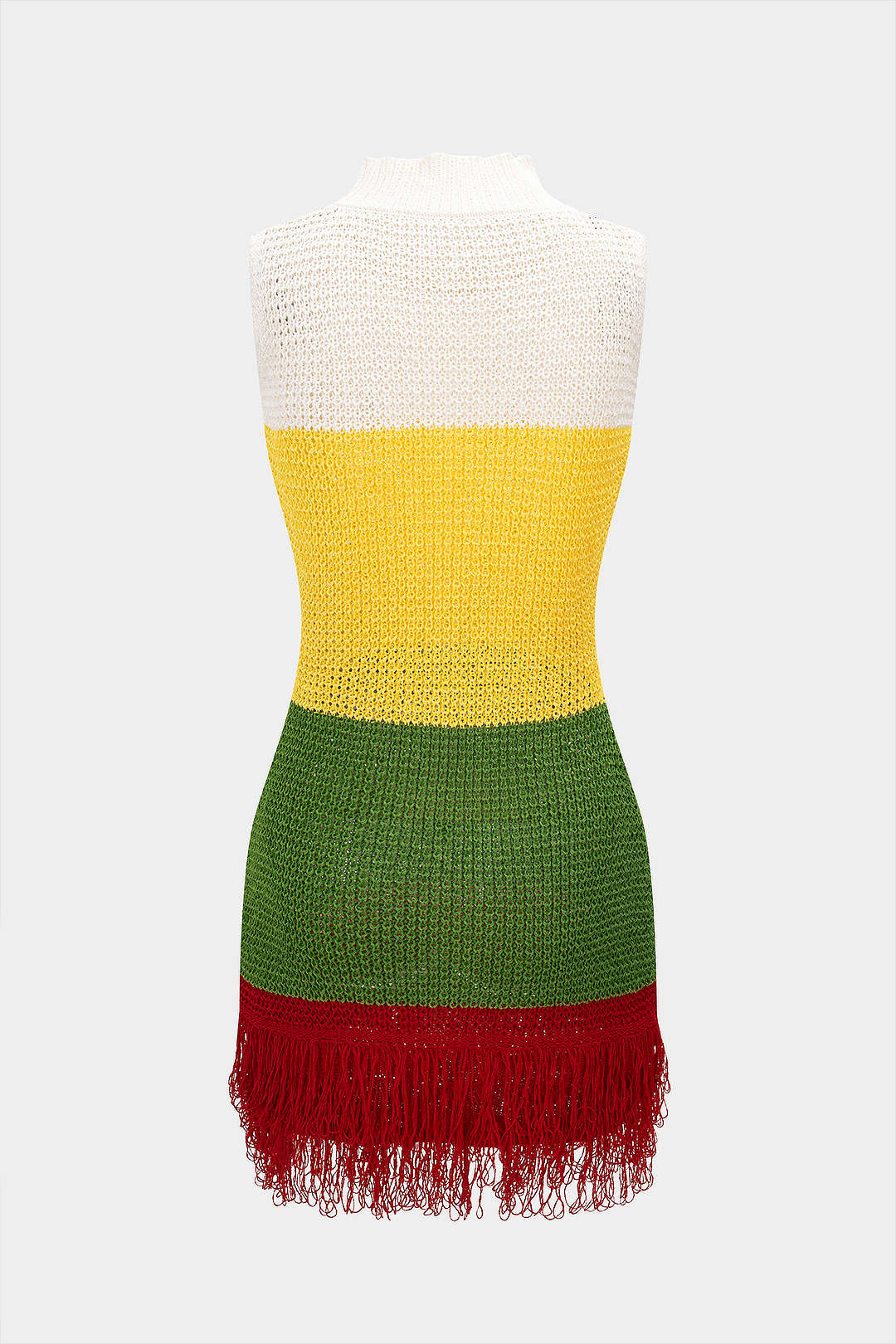 Knit Contrast Mock Neck Fringe Hollow Out Sleeveless Dress
