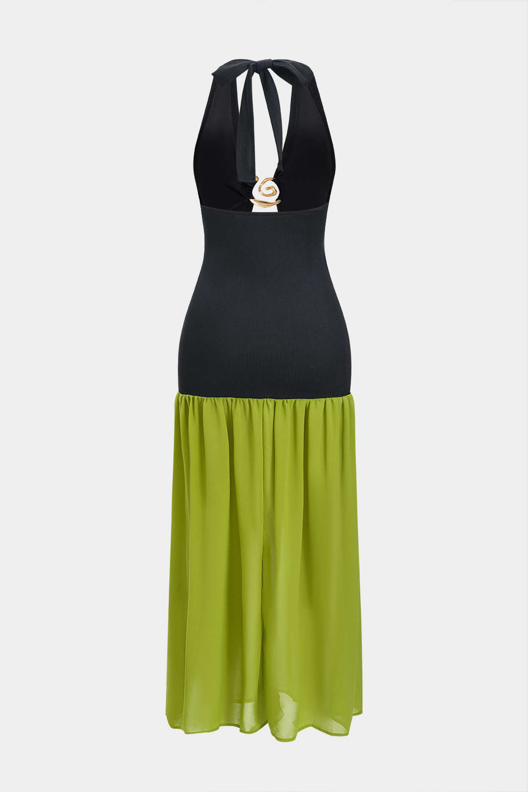 Chiffon V-Neck Halter Neck Metallic Decor Patchwork Sleeveless Slit Maxi Dress