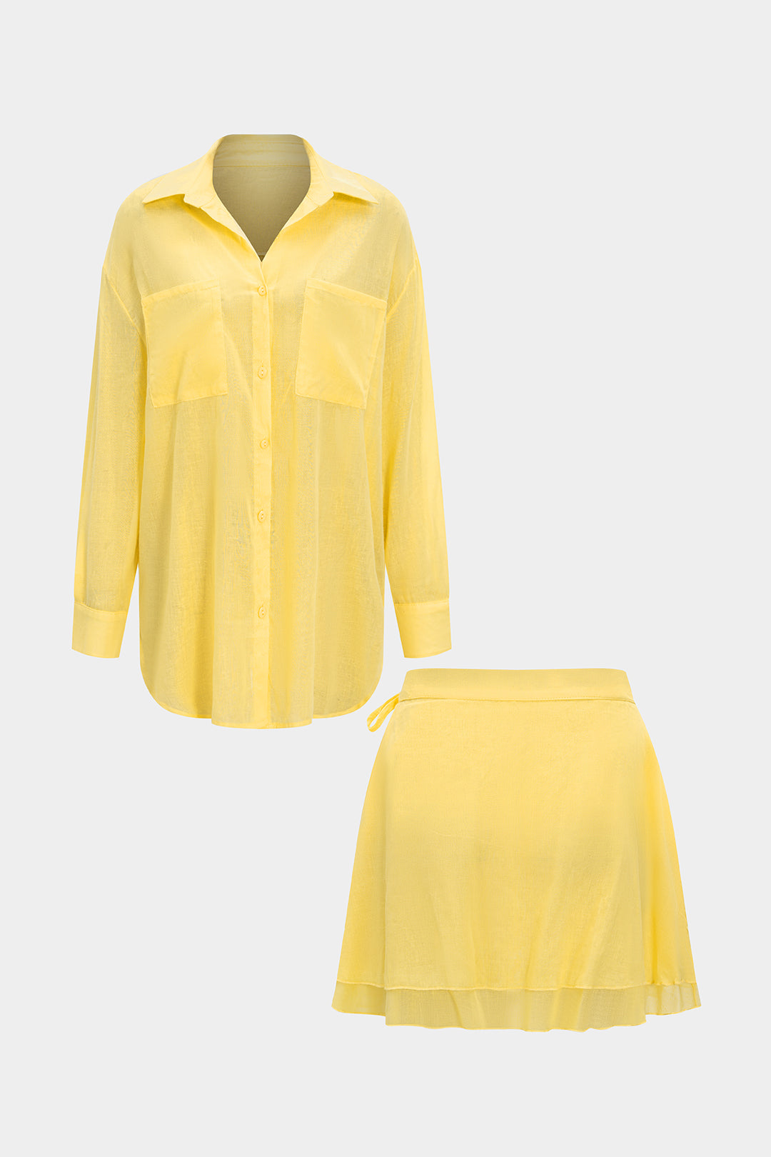 Solid Button Long-Sleeve Shirt And Tie-Up Skirt Set