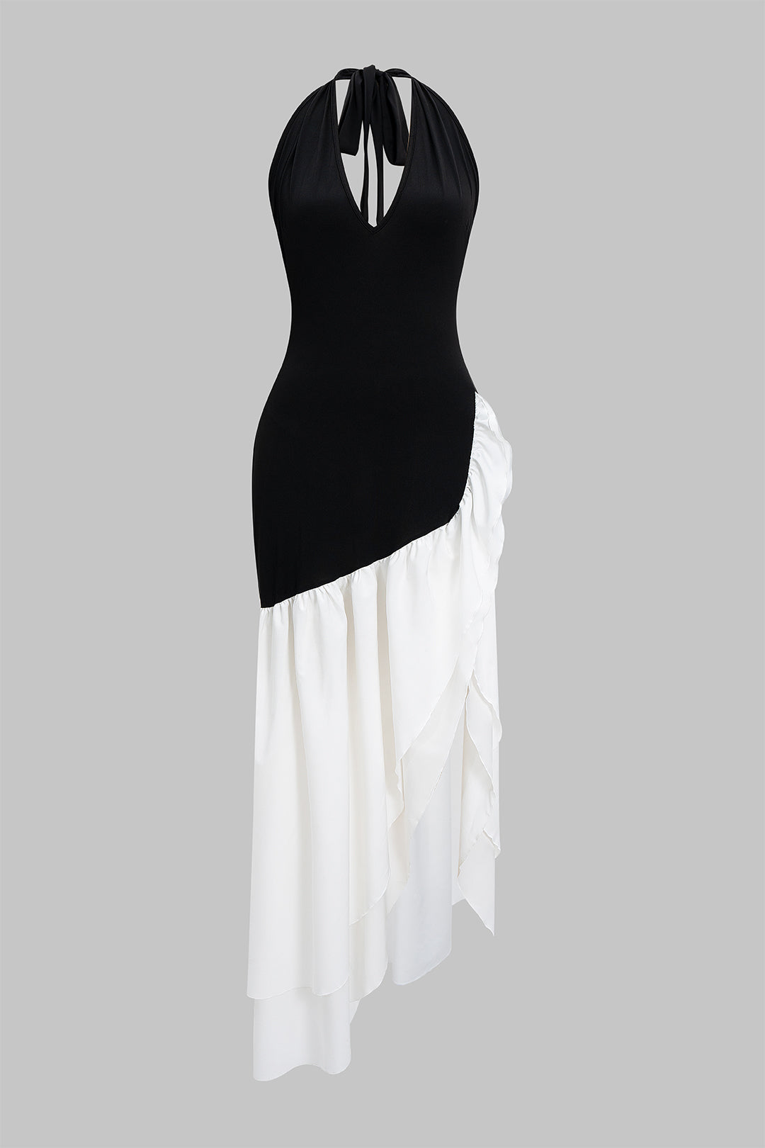 Contrast Halter Tie-Front Ruffle Asymmetrical Slip Maxi Dress