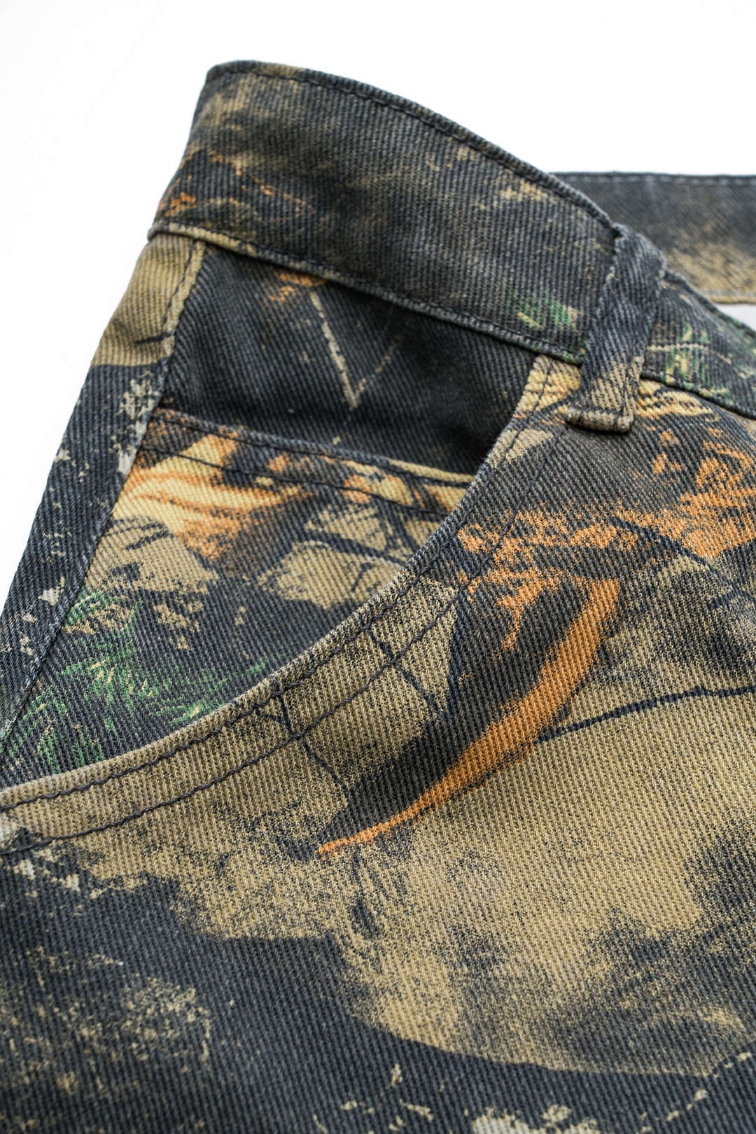 Branch Print Denim Button Pocket Wide Leg Trousers