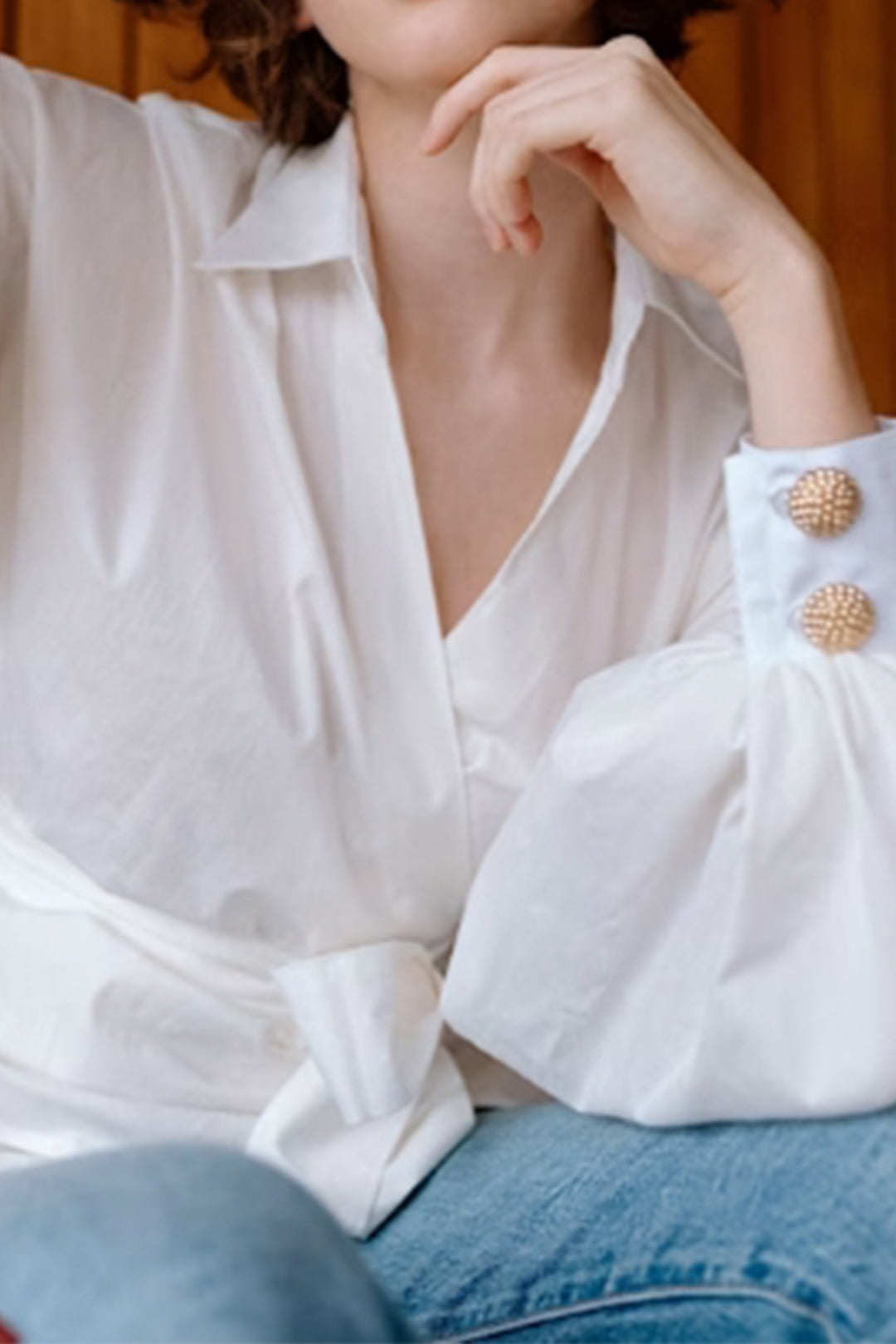 Tie Front Puff Sleeve Wrap Long-Sleeve Shirt