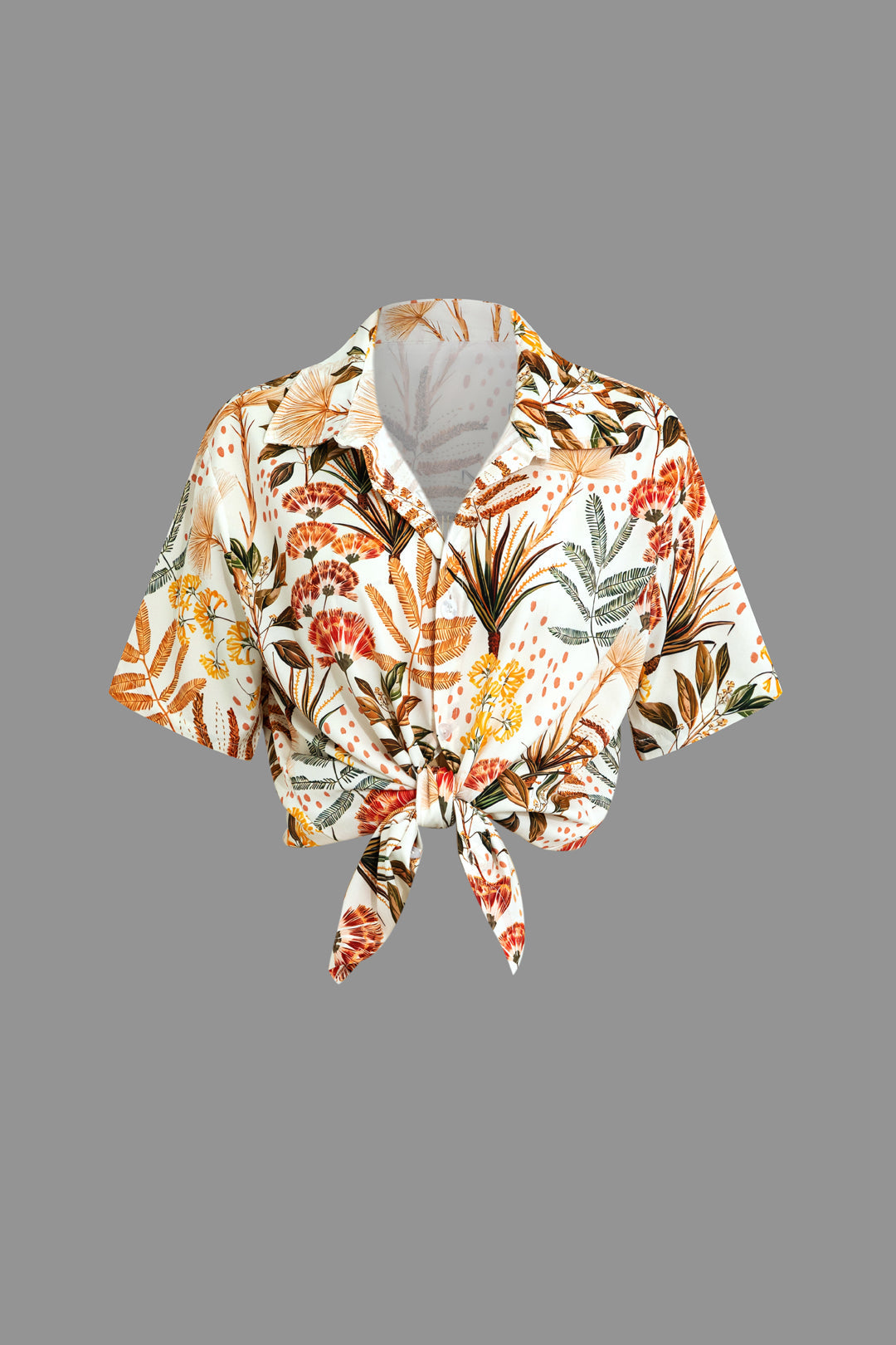 Leaves Print Tie Front Shirt And Shorts Set
