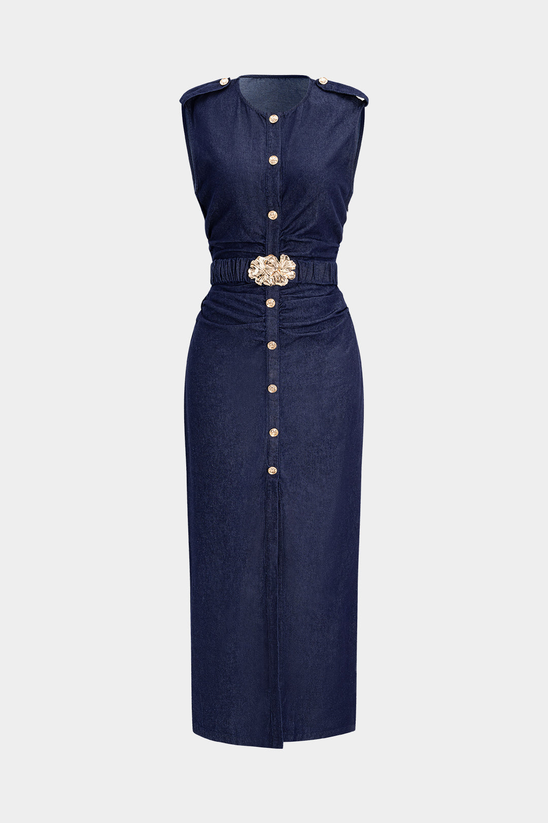 Denim Metallic Button Belted Pleated Short Sleeve Denim Dress