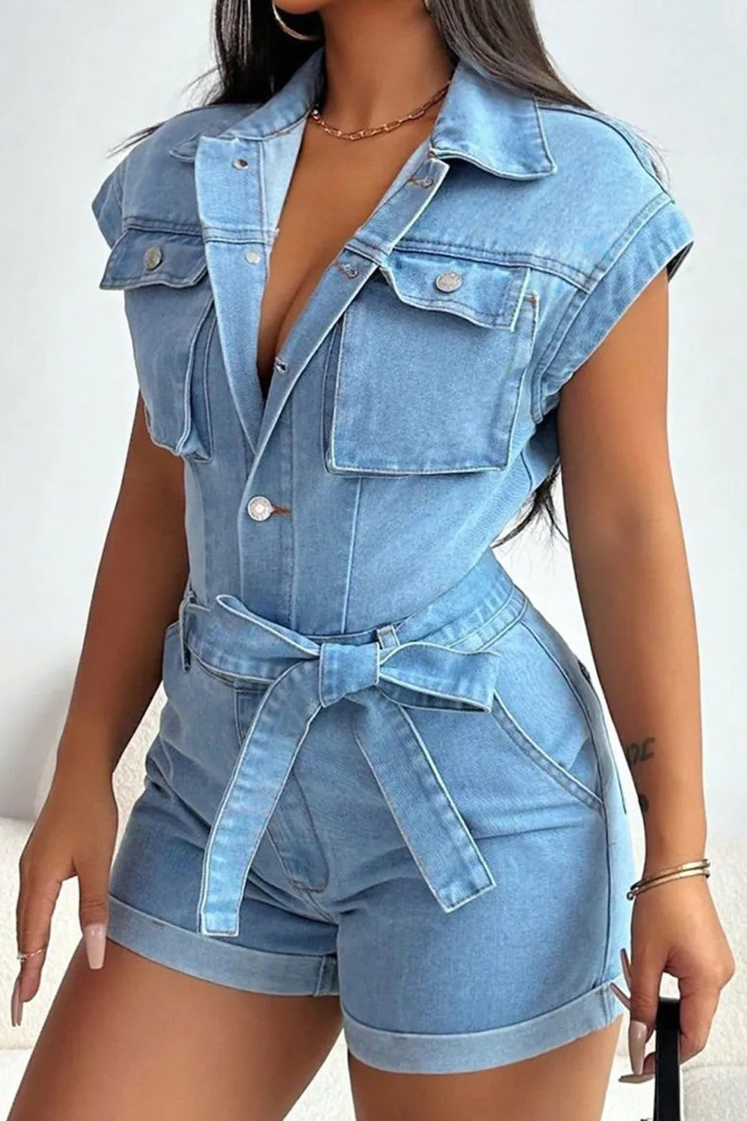 Denim Pocket Tie-Front Romper