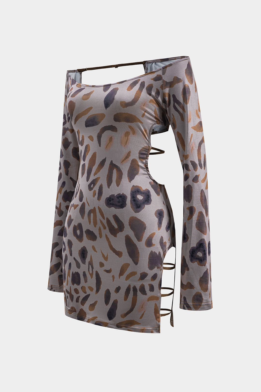 Leopard Print Backless Off Shoulder Long Sleeve Mini Dress